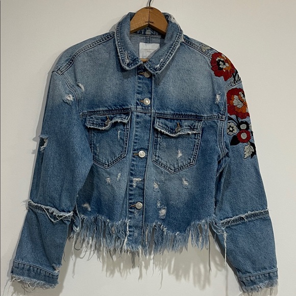 Zara Jackets & Blazers - Zara Light Blue Distressed Denim Jacket with Red Floral Embroidery